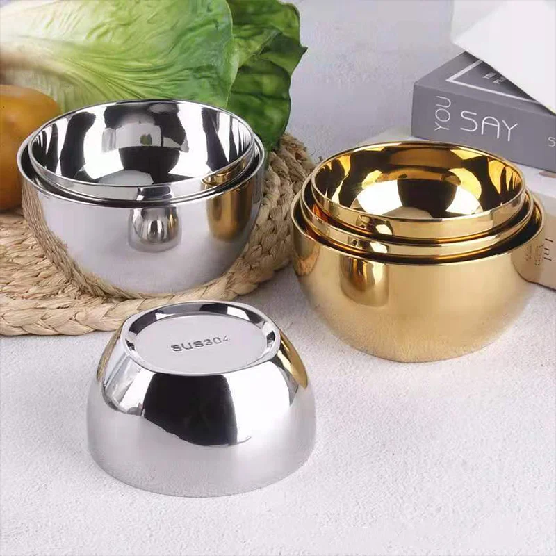 304 Stainless Steel Gold Rice Bowl 11/12cm Adult Children Double-layer Heat-prevention Ramen Ice Cream Fruit Soup Noodle Bowl