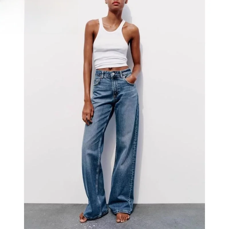 Calças Jeans Longas de Cintura Média Estilo Boyfriend Vintage Casual de Verão 2024, Jeans de Denim de Cor Pura com Pernas Retas