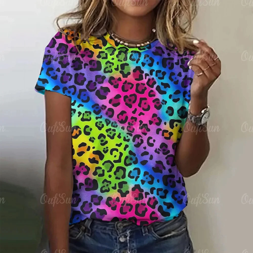 Summer Women Vintage T-shirt Colorful Leopard Print Tops Tees Female Fashion Short Sleeve Clothing Ladies Casual Stylish Outfit