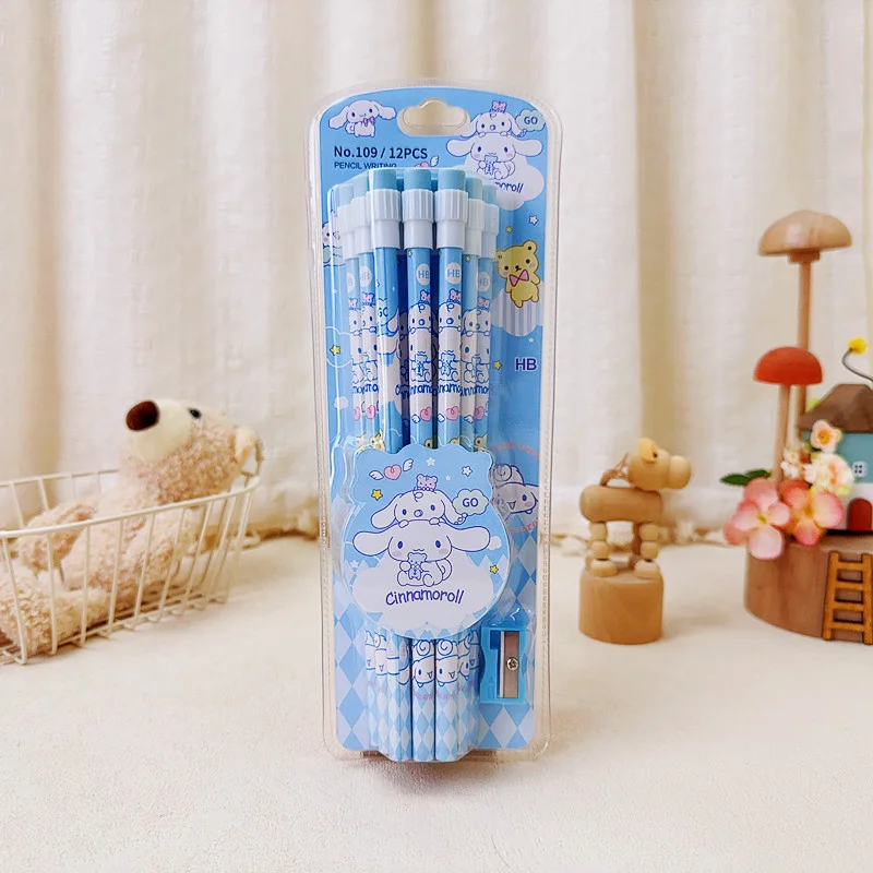 Sanrio Kuromi HB Pencils 12 Pencils & 1 Pencil Roller Stationery Box Set, Student Writing Drawing HB Pencils Sketch Pens