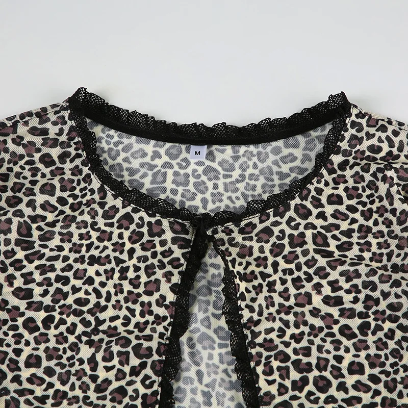 Y2k Sexy Leopard Print Long Sleeve Top Lace Trim Mesh Sheer Shirts Trending 2024 Fashion for Women Cardigan shirts for women