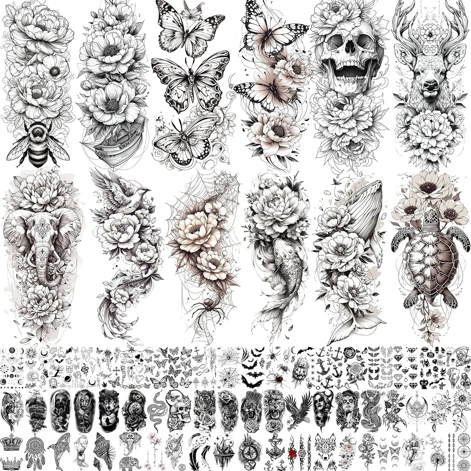 

71 Sheets Rose & Flower Temporary Tattoos for Women Adults, Black Floral Half Arm Sleeve, Realistic Bulk Fake Tattoos