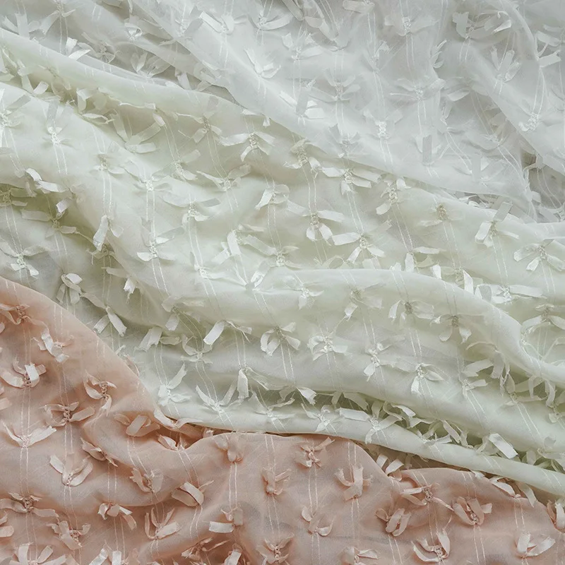 Colorful Sheer Chiffon Fabric with Embroidered Butterfly Knots for Dressmaking By The Meter