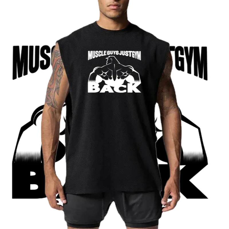 

Жилеты для бега, мужские сетчатые спортивные быстросохнущие майки для спортзала, летняя рубашка без рукавов с круглым вырезом для бодибилдинга и фитнеса