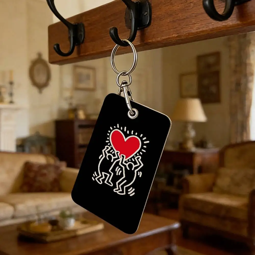 Pop Art K-Keith Haring Rechteckiges Ausweishüllen-Schlüsselanhänger-Set, Kartenetui, Schlüsselanhänger, Leder-Kartenhalter, Schlüsselring, Ausweishalter – Detail 9