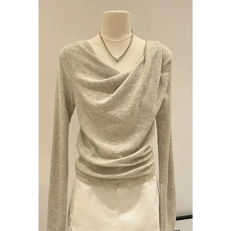 Sweter damski UMI MAO w stylu francuskim z dekoltem w łódkę, modny, nowy, jesienny, miękki, dopasowany, wyszczuplający, warstwa bazowa, koszulka.