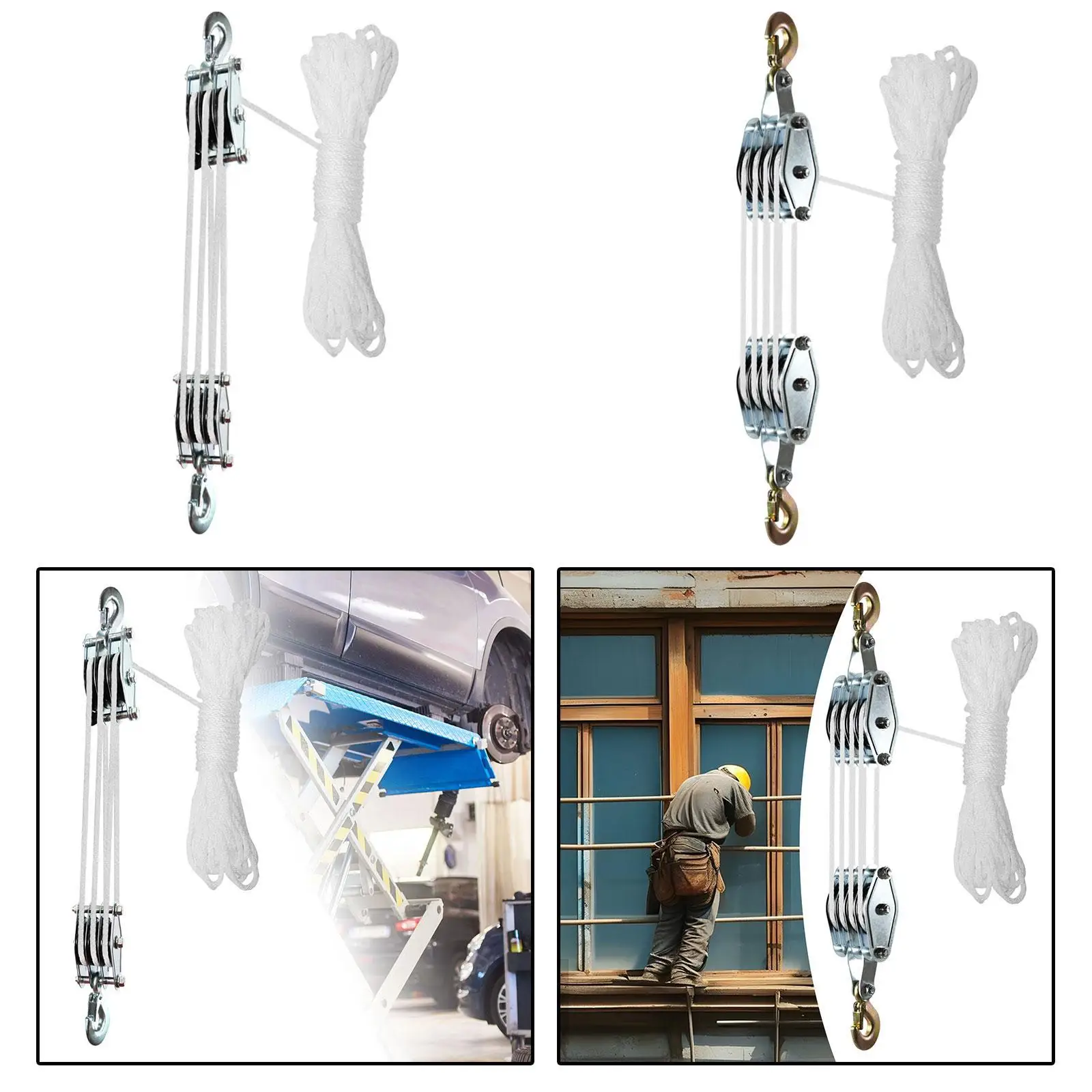 Portable Block and Tackle Pulley Hoist System Manual Rope Pulley Labor Saving for Garage Warehouse Lifting