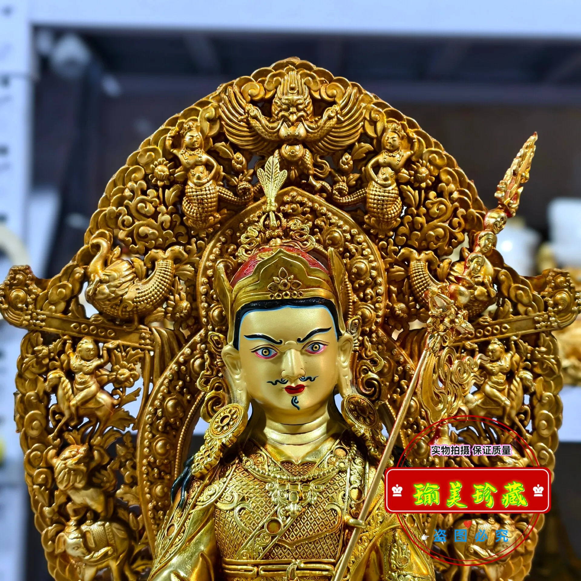 Tibetan Padmasambhava, 10-inch pure bronze gilt Buddha statue, one foot tall with backlit fine Buddhist fittings, dedicated to R