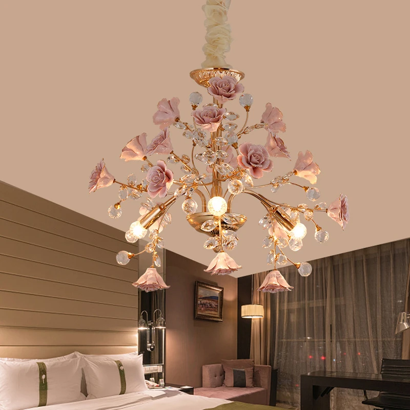 

Luxury Bedroom LED Crystal Chandeliers Modern Rose Decoration Chandelier Lighting Nordic Living Room Ceramic Flower Pendant Lamp