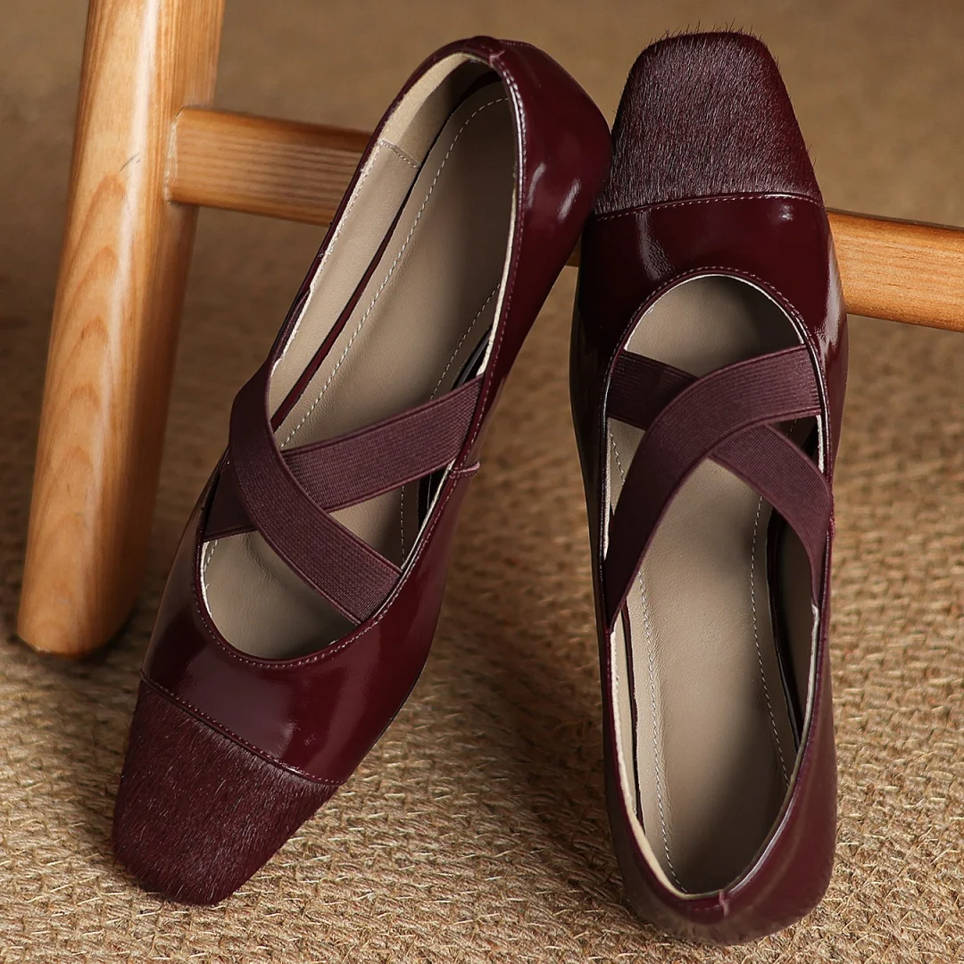 Women\'s genuine leather horsehair patchwork elastic band cross strap slip-on flats square toe soft comfort elegant ladies shoes