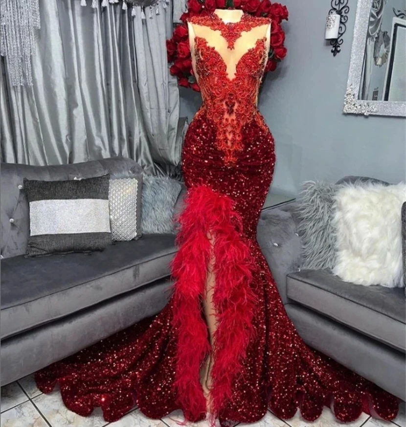 

Burgundy Slit Diamond Long Prom Dresses For Black Girls Sparkly Birthday Party Dresses African Mermaid Evening Gown Robe De