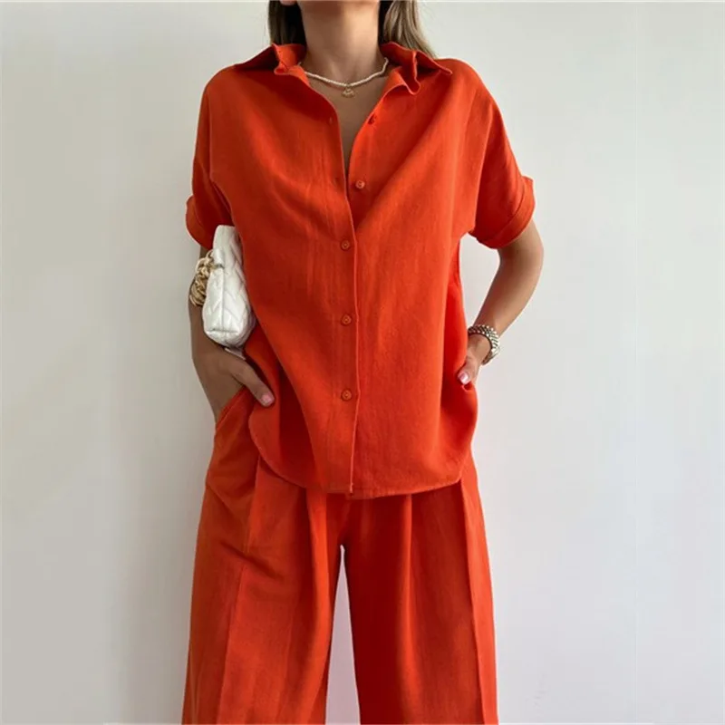 Suit Summer Turn Down Collar Single Breasted Shirts Tops Ladies 2 Piece Pants Set Short Sleeve Solid Loose Casual Women Clothing