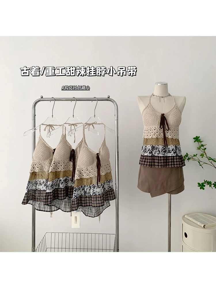 

Women's Patchwork Crop Top Vintage Y2k Camisole Fashion Streetwear Halter Neck Sleeveless Off Shoulder Corset Top 2000s Clothes