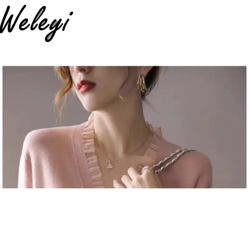Beautiful Womens Knitted Sweater Autumn Elegant Short Long Sleeved V-neck Tops Cashmere Fungus Edge Splicing Bottoming Sweaters
