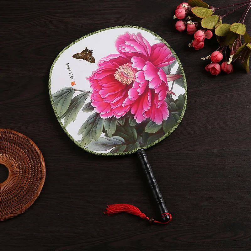 

24CM Double-sided Peony Print Group Fan Ancient Costume Hanfu Round Fan Palace Fan Dance Hanfu Fan Chinese Style