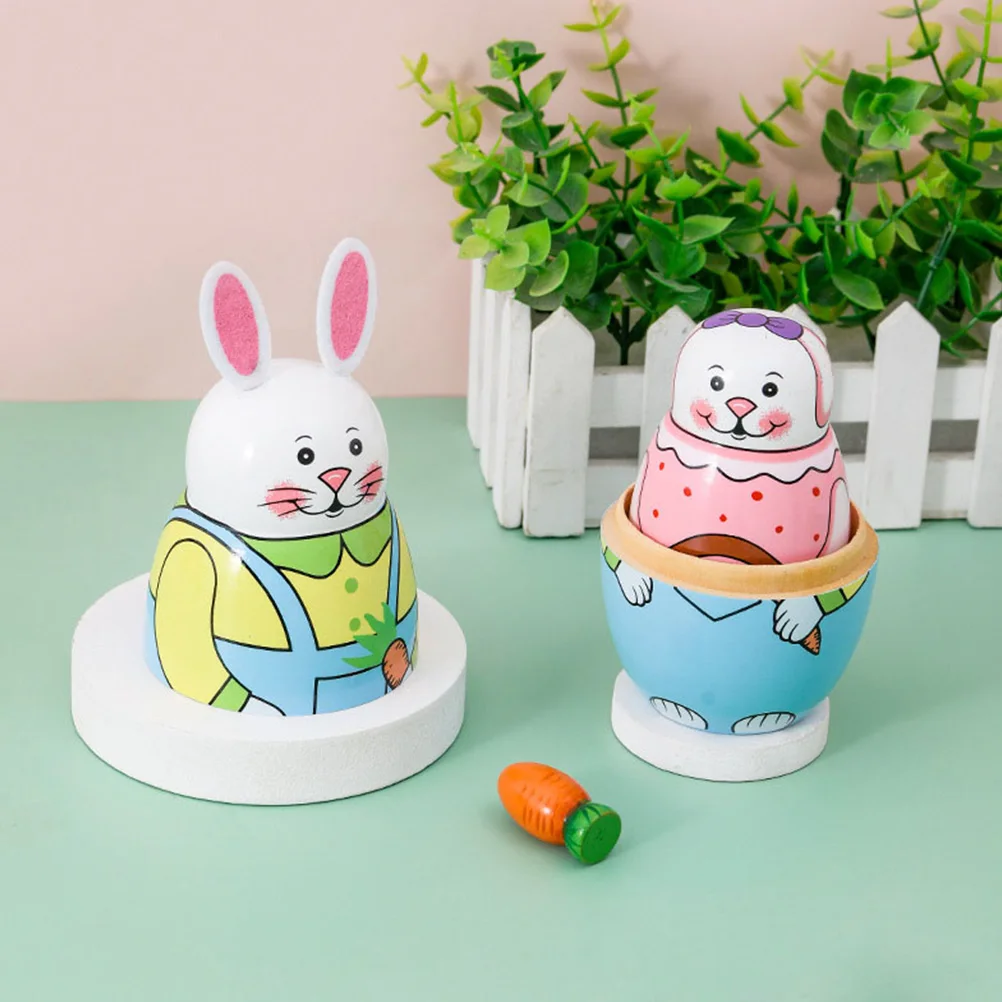 

Painted Bunny Nesting Matroska Toys Matryoshka for Kids Wooden Decorations Crafts Stack Home Stacking