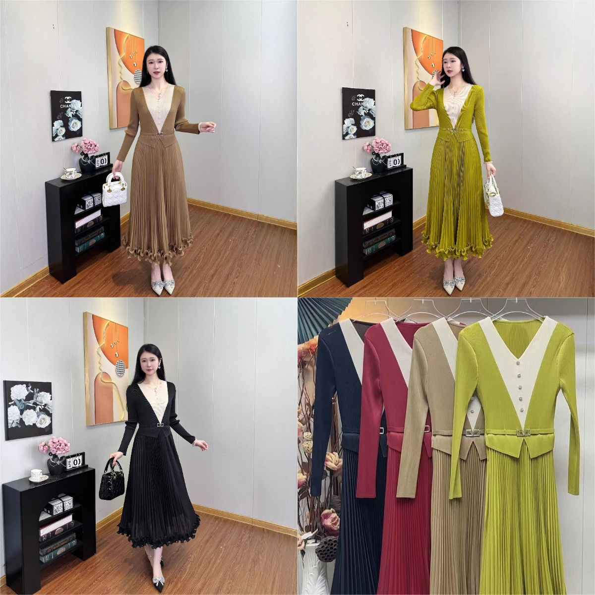 

Sanzhai Fold 2025 New Fold Mushroom Edge Long Sleeve Waist Collection Light Luxury Fashion Style Dress for Women Elegant