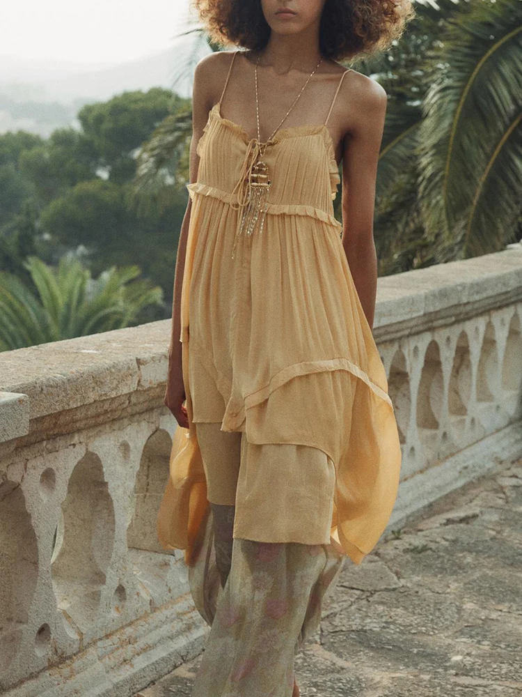 Summer 2025 New Women's Faion Sexy Strap Asymmetric Layered Decoration Dr Mid-length Svel Evening Gown Pure Color