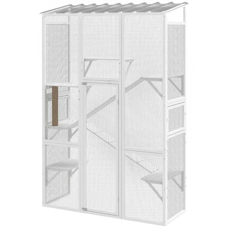 

Outdoor Catio Cat Enclosure, Large Wooden Cat House with 6 Jumping Platforms, Scratching Post, 2 Ramps, for 2-3 Kittens