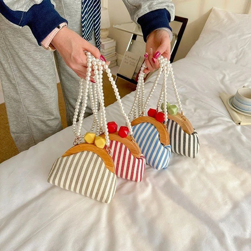 

Women's Striped Pearl Crossbody Bag Japanese Spring Summer Cute Cartoon Chic Design Female Wooden Clip Mini Clutch Bags