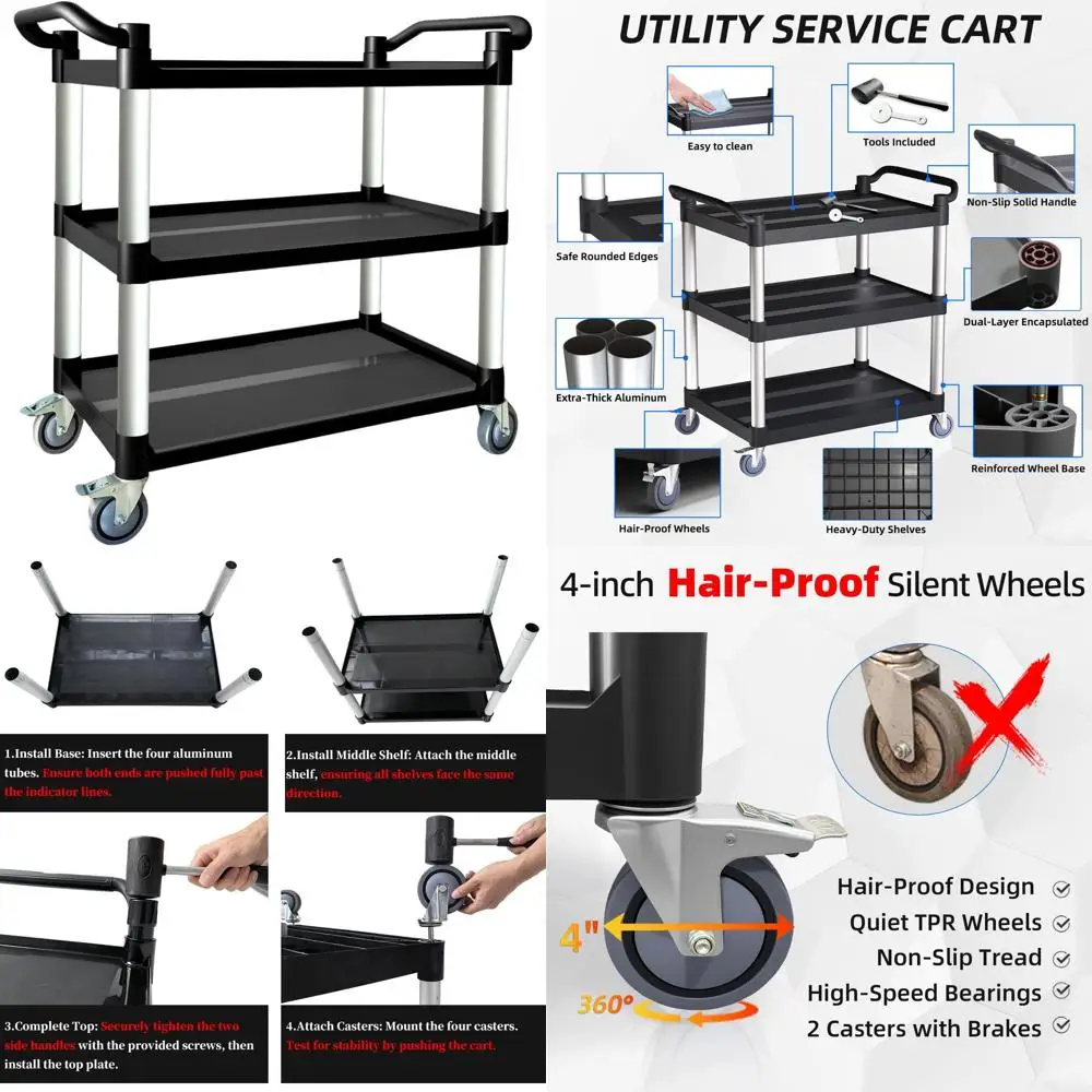 Wózek narzędziowy z wytrzymałego plastiku, udźwig 158 kg, kółka odporne na zarysowania, 3-poziomowy wózek serwisowy do domu, biura, restauracji i magazynu