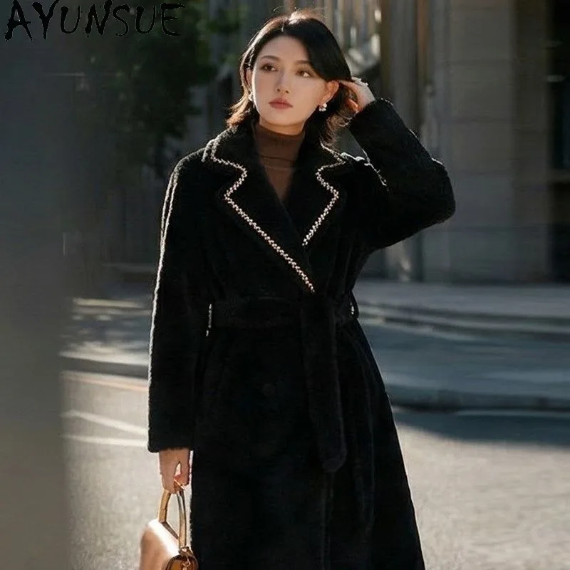 AYUNSUE Women's Double-sided Woolen Luxury Coat Retro Black Long Outerwear Suit Collar Cinched Waist Jacket Woman Clothes Casaco
