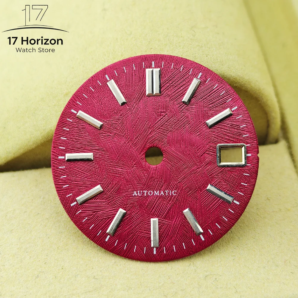 NH35 Wine Red Watch Dial 28.5MM White Birch Tree Pattern Automatic Dial NH35 Face Silver Scale Multi-Color Dial NH35 Watch Mod