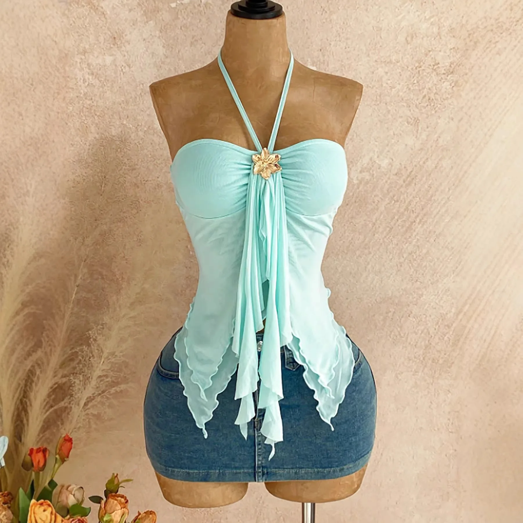 

Solid Color Halter Top Loose Casual Gold Flower Decoration Holiday Style Ruffles Irregular Sleeveless Backless Y2K Summer Shirt