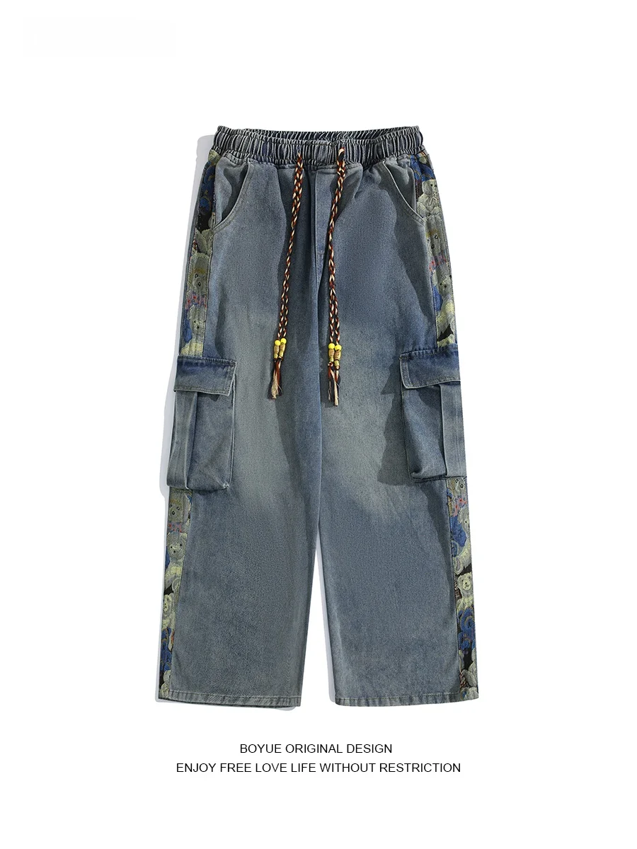 

Boyue Bear Patchwork Denim Jeans Retro Woven Dstring Tassel Design Straight Leg Workwear Long Pants Youth Faion