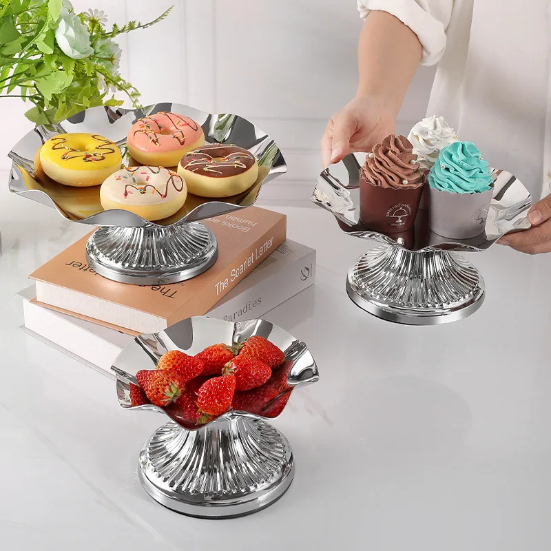 Mirror Merchant Snack Dining Table Snack Dim Sum Plate Stainless Steel High Lotus Fruit Plate