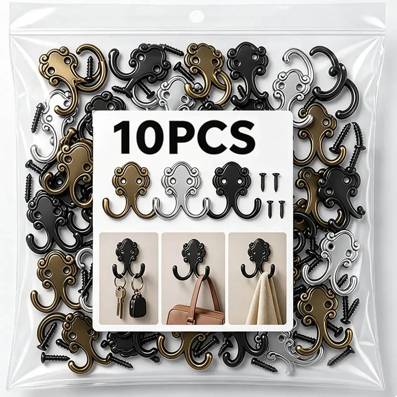 10/1Sets Multi-Purpose Double Head Hook Retro Zinc Alloy Door Hooks with Screws Vintage Bronze Clothes Coat Robe Bag Hat Hooks