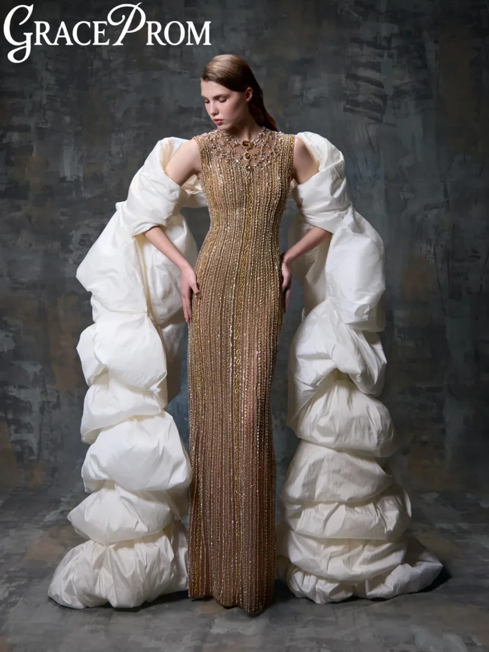 

Ruffled Sleeve Luxurious Evening Dress Dazzling Beaded Straight Wedding Party Gowns New Customized Elegant Long Banquet Gowns