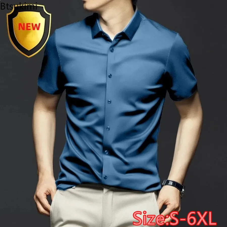 

High-end Men's Dress Shirts Summer Ice Silk Short-sleeved Business Casual Shirts Men Solid Slim Non-ironing Shirts Oversized 6XL