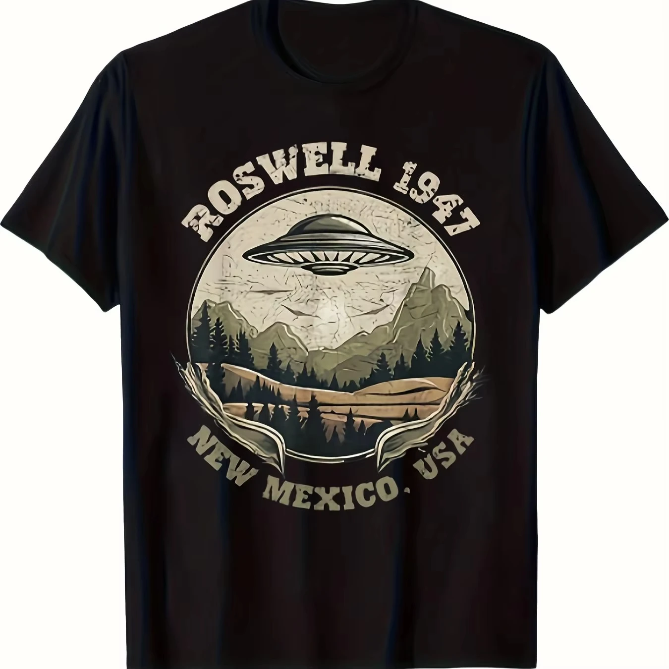 Camiseta Gráfica Vintage Retro de Alienígenas Roswell 1947 para Homens, Design Sci-Fi com Texto New Mexico EUA, Camiseta Casual Preta de Manga Curta 2026