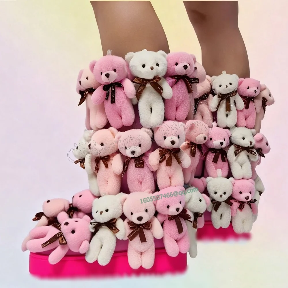 

Pink Multi Bear Decor Boots Mid Calf Round Toe Shoes for Women Over the Knee Thick High Heels Shoes 2024 Zapatos Para Mujere