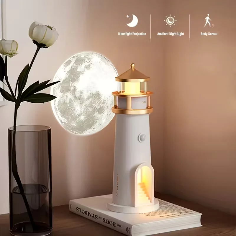 1PC Moonlight Lighthouse Light USB Rechargeable LED Ambient Night Light with Motion Sensor Dimmable Smart Lamp for Bedroom Decor