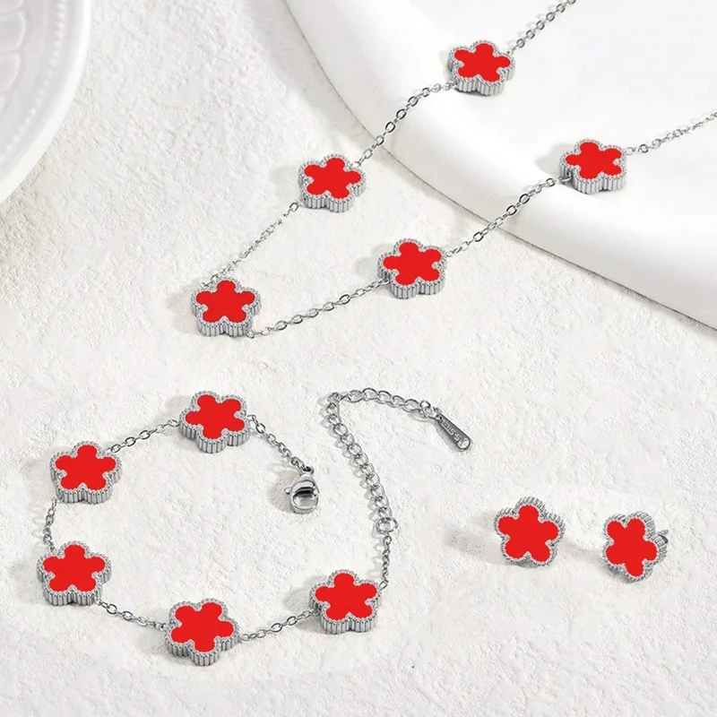 Stainless Steel Sets Earrings Necklace Bracelet Christmas Birthday Gifts Gold Plated Women\'s Double Sided Flower Elegant Fashion