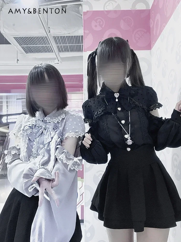 Mine Series Mass-produced Japanese Sweet Lace Bow Off Shoulder Long-sleeved Shirt Cute Polka Dot Splicing Lapel Lolita Shirts