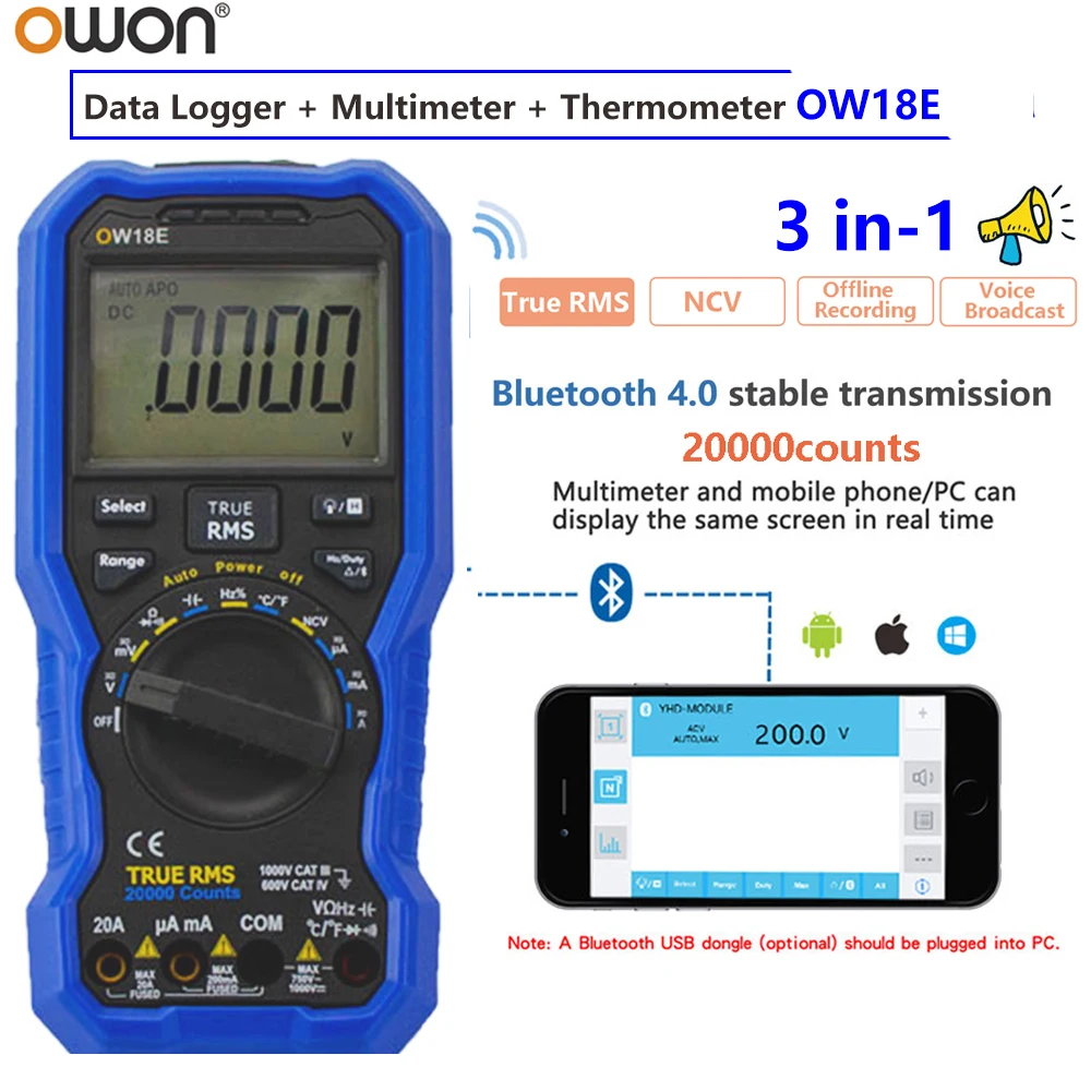 Owon OW18E 3 In-1 Bluetooth Digital Multimeter + Data Logger + Thermometer 20000counts True RMS NCV Non-contact Voltage Tester
