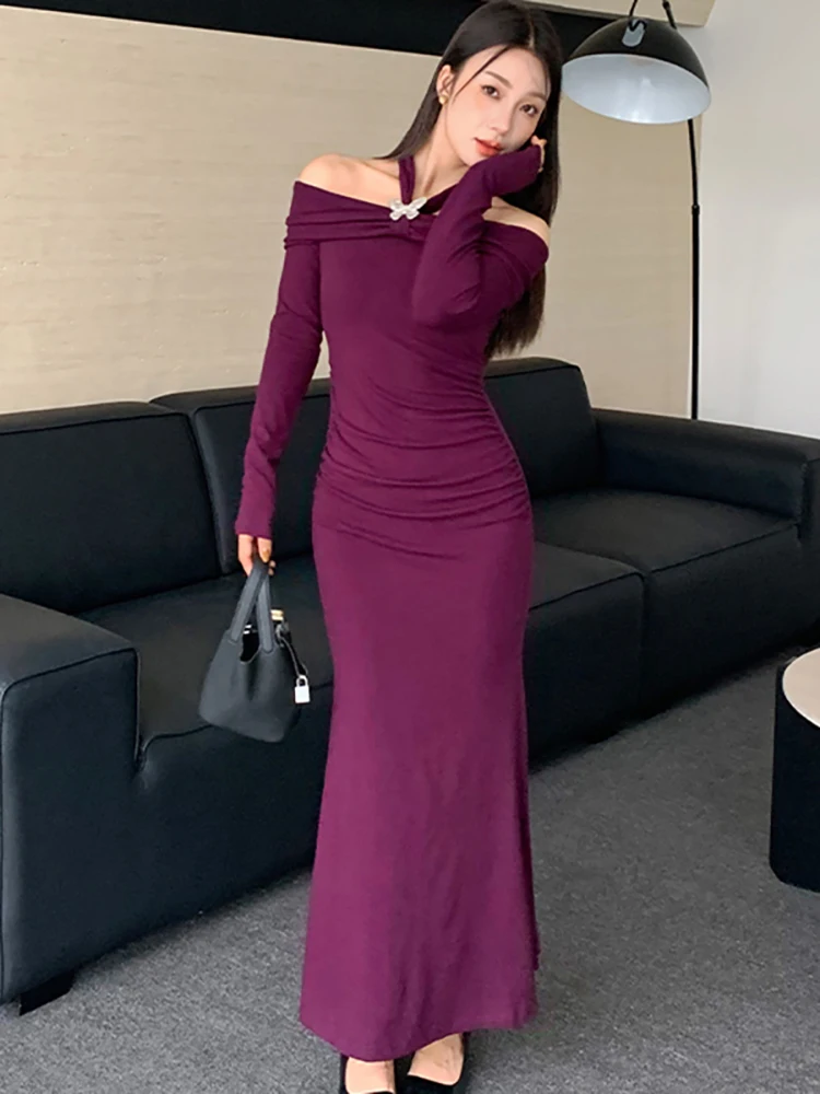 

Autumn Winter Purple Knitted Long Dress Women Chic Neck-mounted Sexy Dress 2025 Korean Vintage Luxury Bodycon Fesitival Vestidos