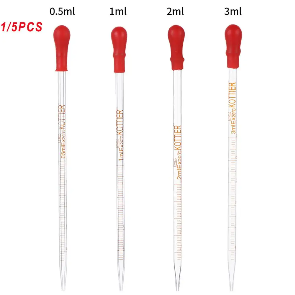 Pipetas graduadas transparentes con línea de escala, cuentagotas de vidrio, cabezal de goma, transferencia de líquido, suministros de laboratorio útiles, 1/5 piezas