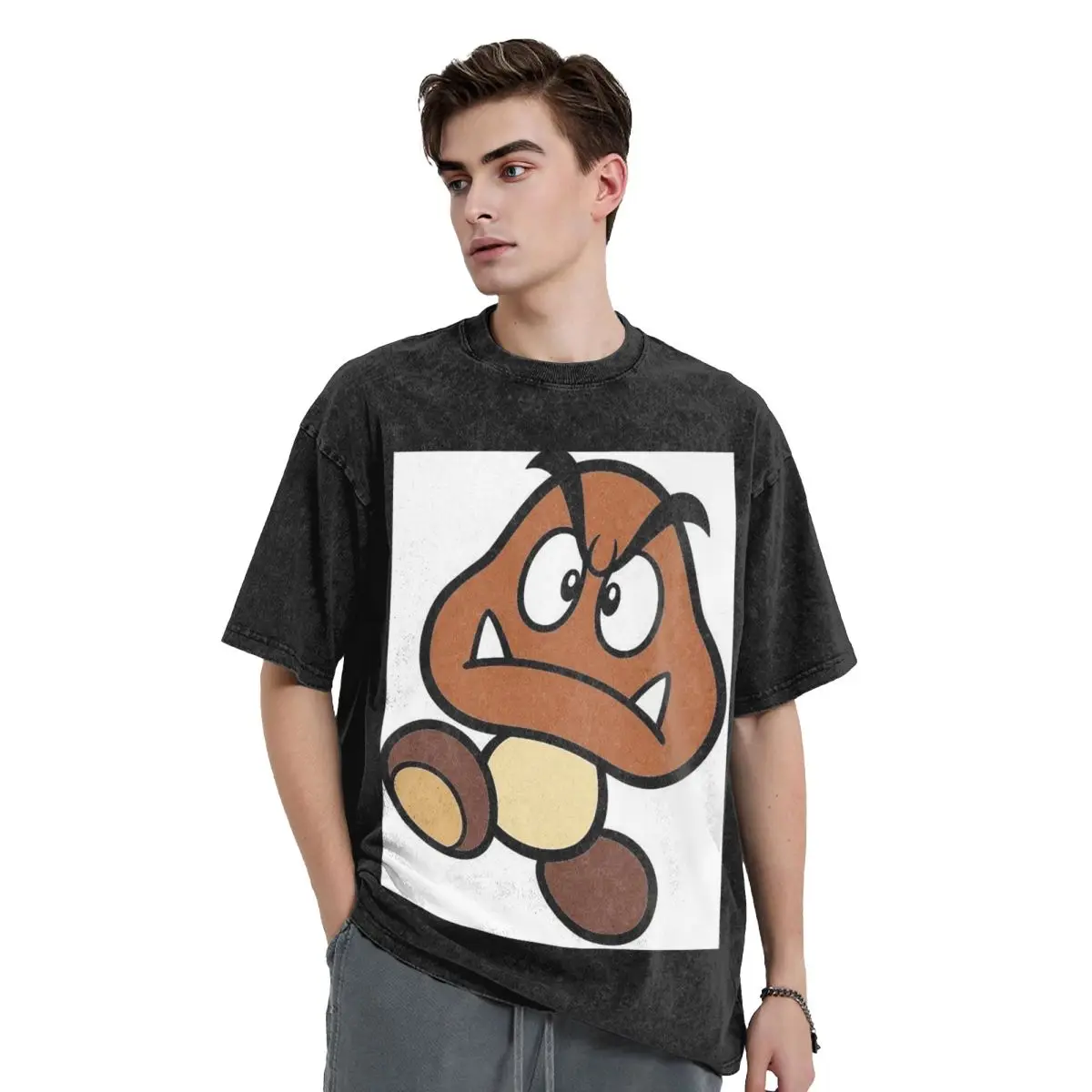Cartoon Game Goomba Face  Washed T Shirts Oversized Short Sleeve Hip Hop T-Shirt Streetwear Tops Tees for Men Women