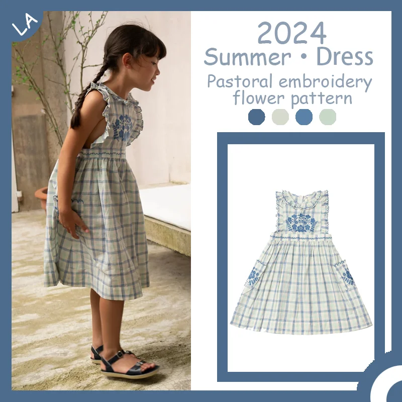 

2024 New embroidered dress Blue plaid Striped Skirt Girls' clothes Casual style Kids' clothes Kid's clothes Girls' dress