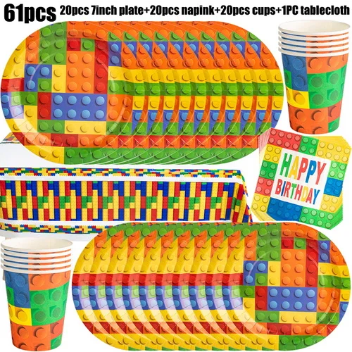 Building Blocks Birthday Party Decoration Tableware Cup Plate Tablecloth Balloons Banner Backdrop Papa Circle Kid Party Supplies - view 6