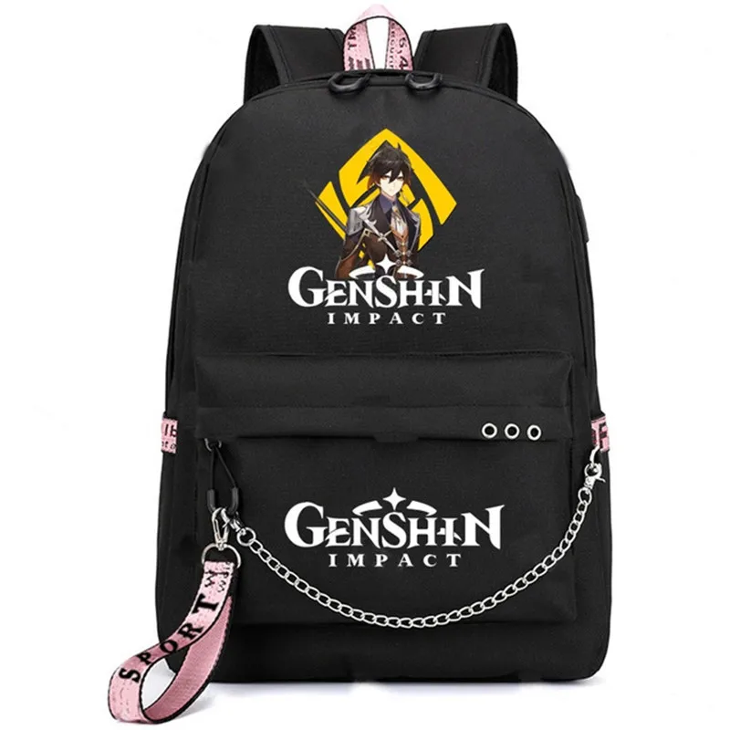 Anime Genshin Impact USB Backpack for School Girls Teenager Student Rucksack Casual Women Camping Bags Travel Laptop Backpack