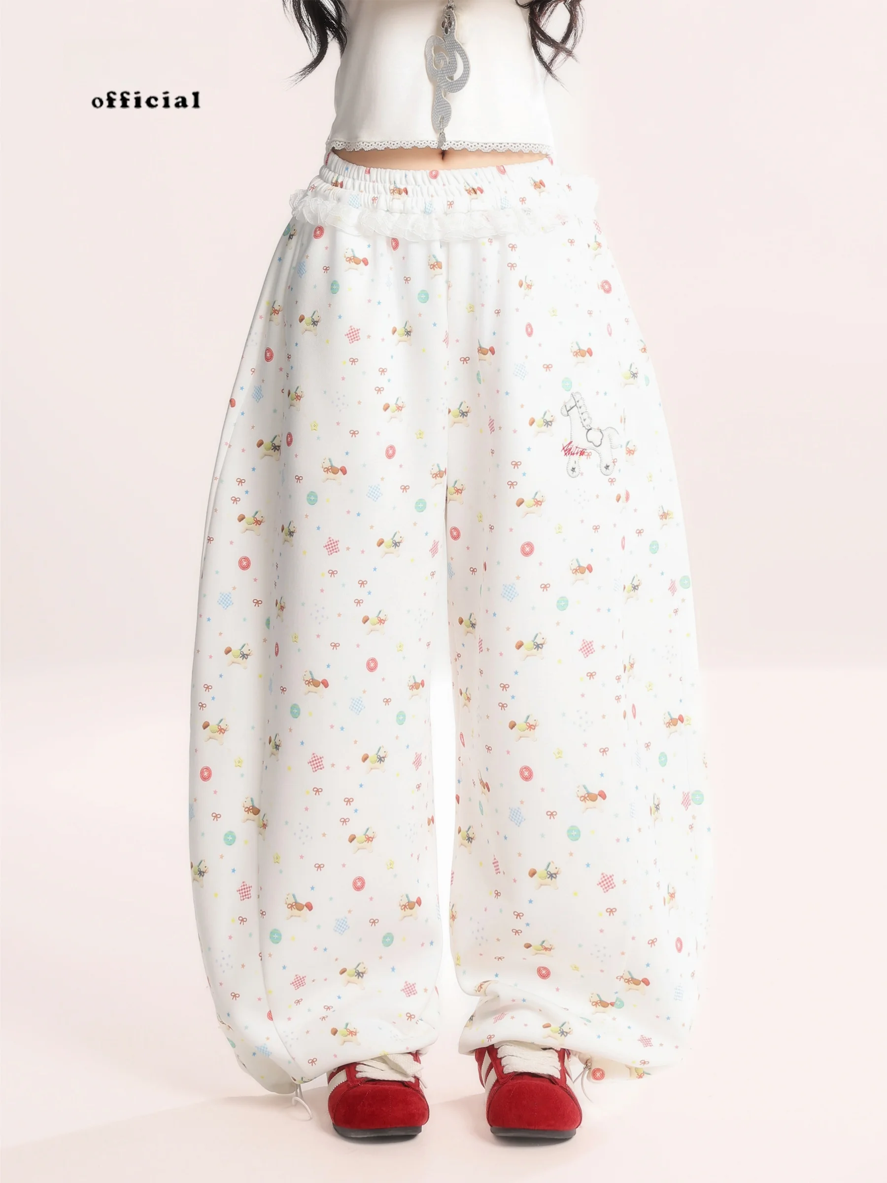 

Женские повседневные брюки HM с ретро-мультяшным принтом, прямые, весенние, новые, универсальные, широкие, с высокой талией, на резинке