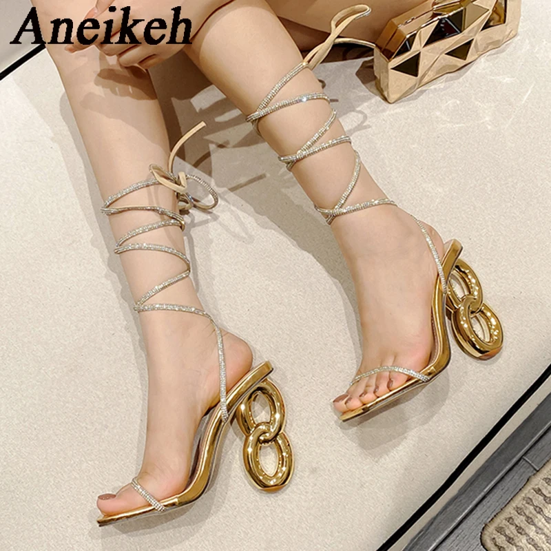 Aneikeh 2025 Elegant Sexy Narrow Band Crystal Decoration Fretwork Heels Women\'s Summer Square Head Lace-up Sandals Party Club