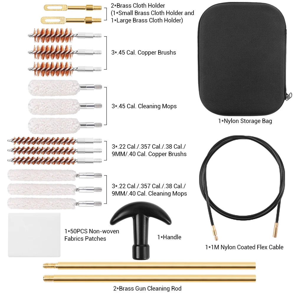 19Pcs Gun Cleaning Kit Tactical Gun Barrel Cleaning Kit for Handgun Rifle Pistol Gun Brush Tool for .22/.38/9mm/.40/.45Cal Hunt