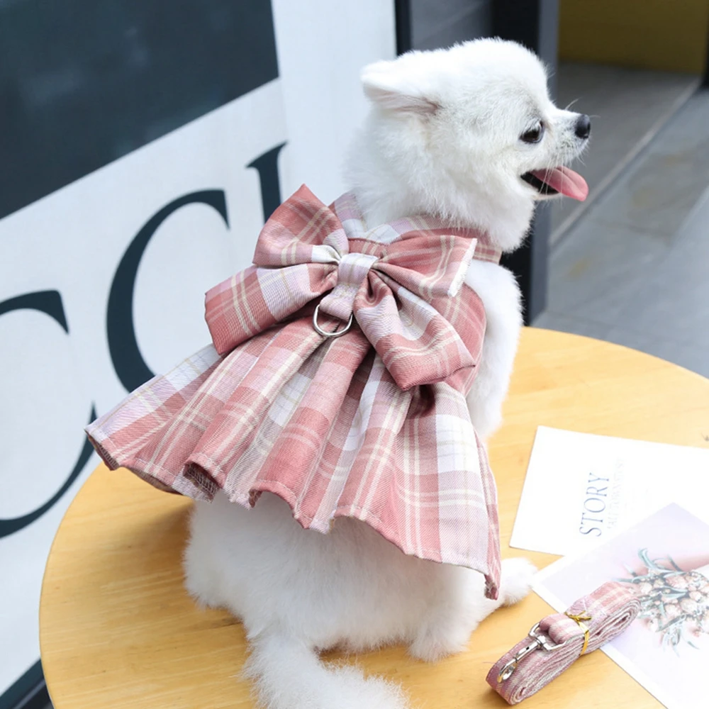 Dog Collar Dress Bow Pet Harness Skirt Vest Clothes Pet Dog Dress Up Harness Clothing with Leash Traction Rope Princess Dress