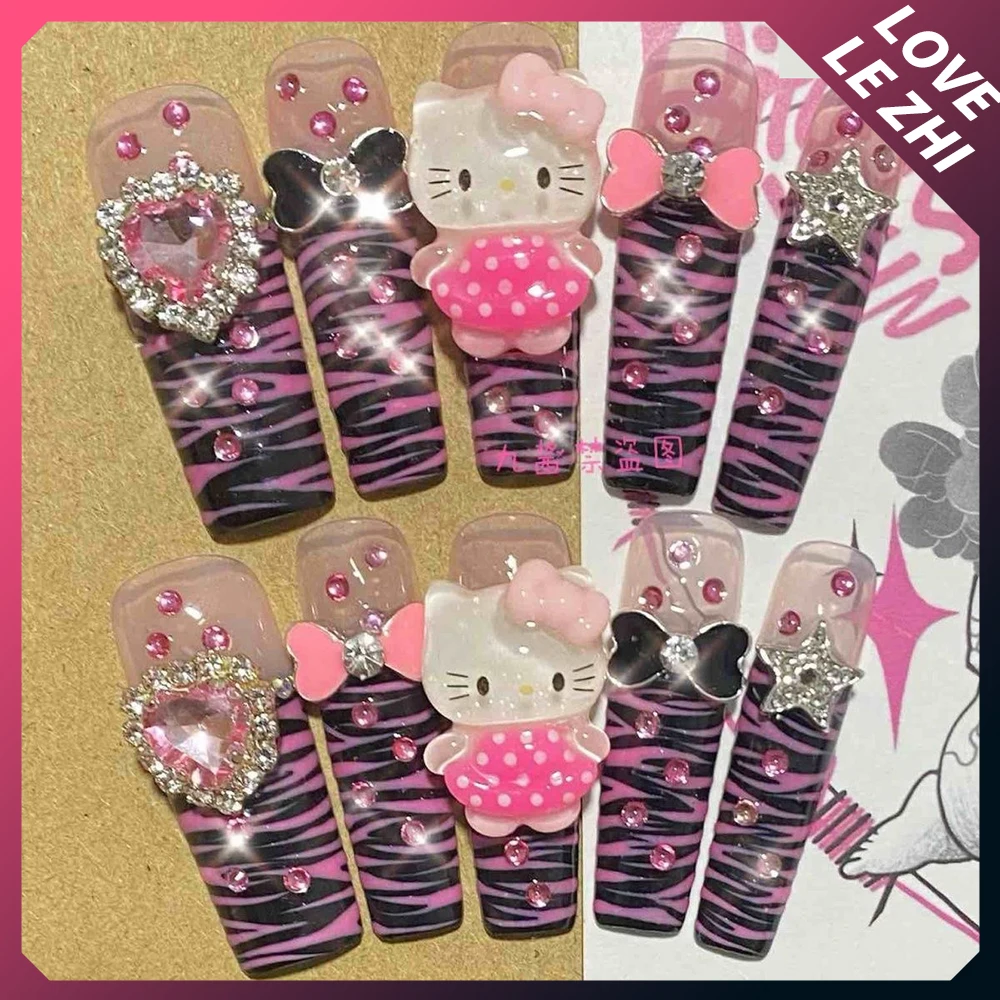 Sanrioed Hello Kittys Long Duck Handmade Press On Nails Y2K Leopard Print blossoms Wearable Reusable Fake Nail Customizable